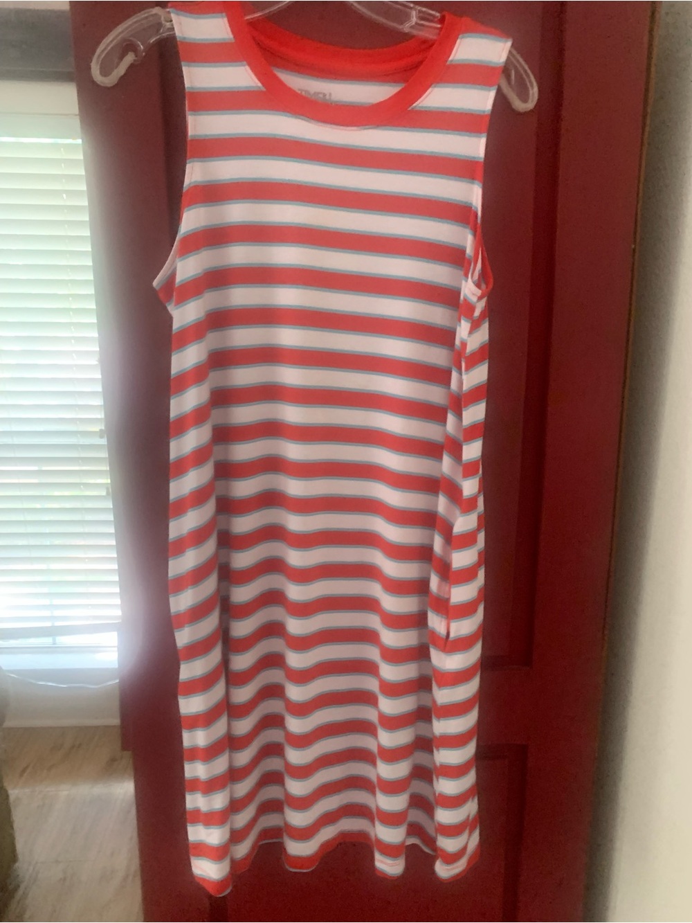 Sleeveless Striped Tank Dress in Red & White with pockets.